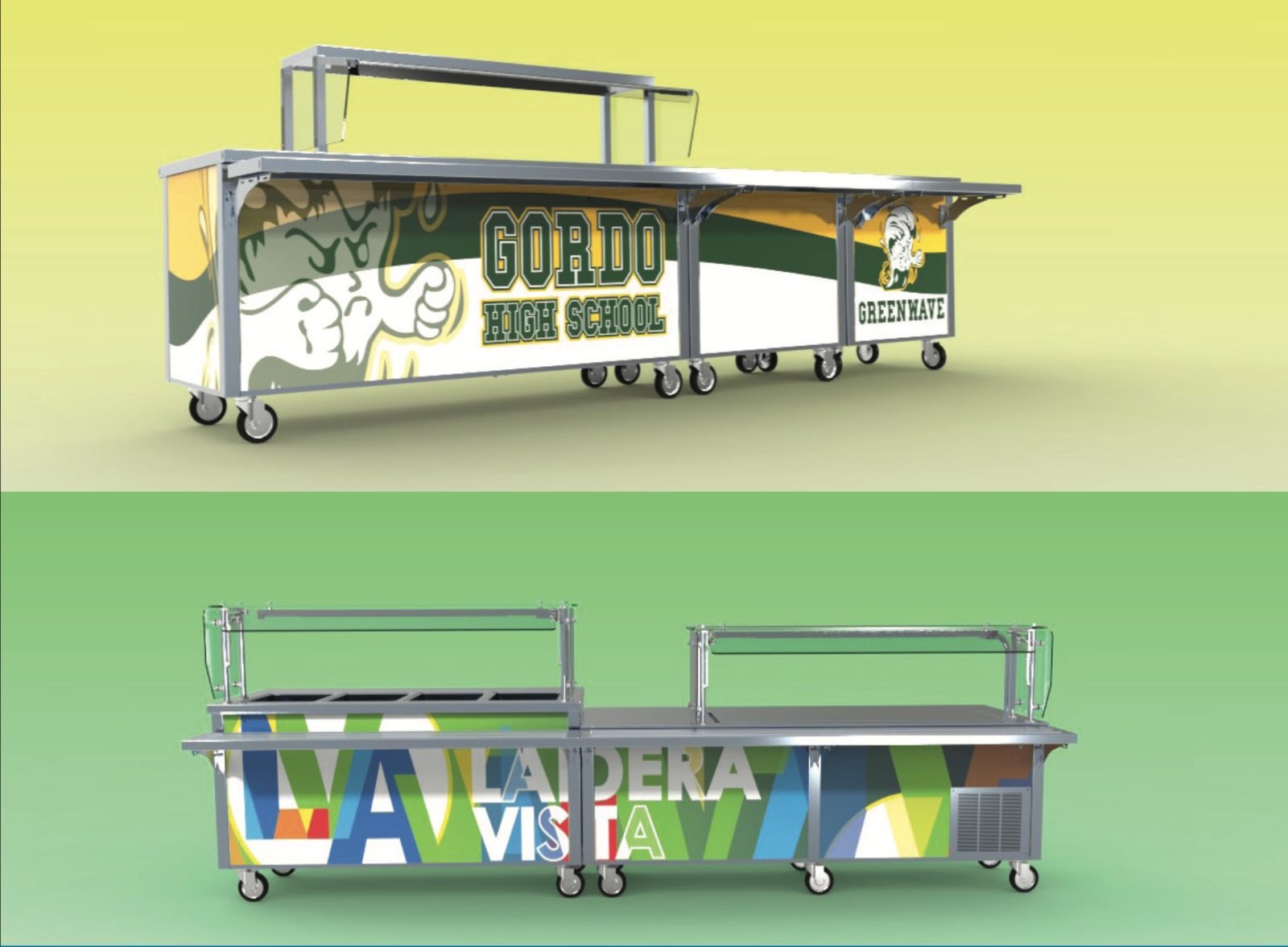 A Delfield serving line wrapped in custom Kromagard school graphics