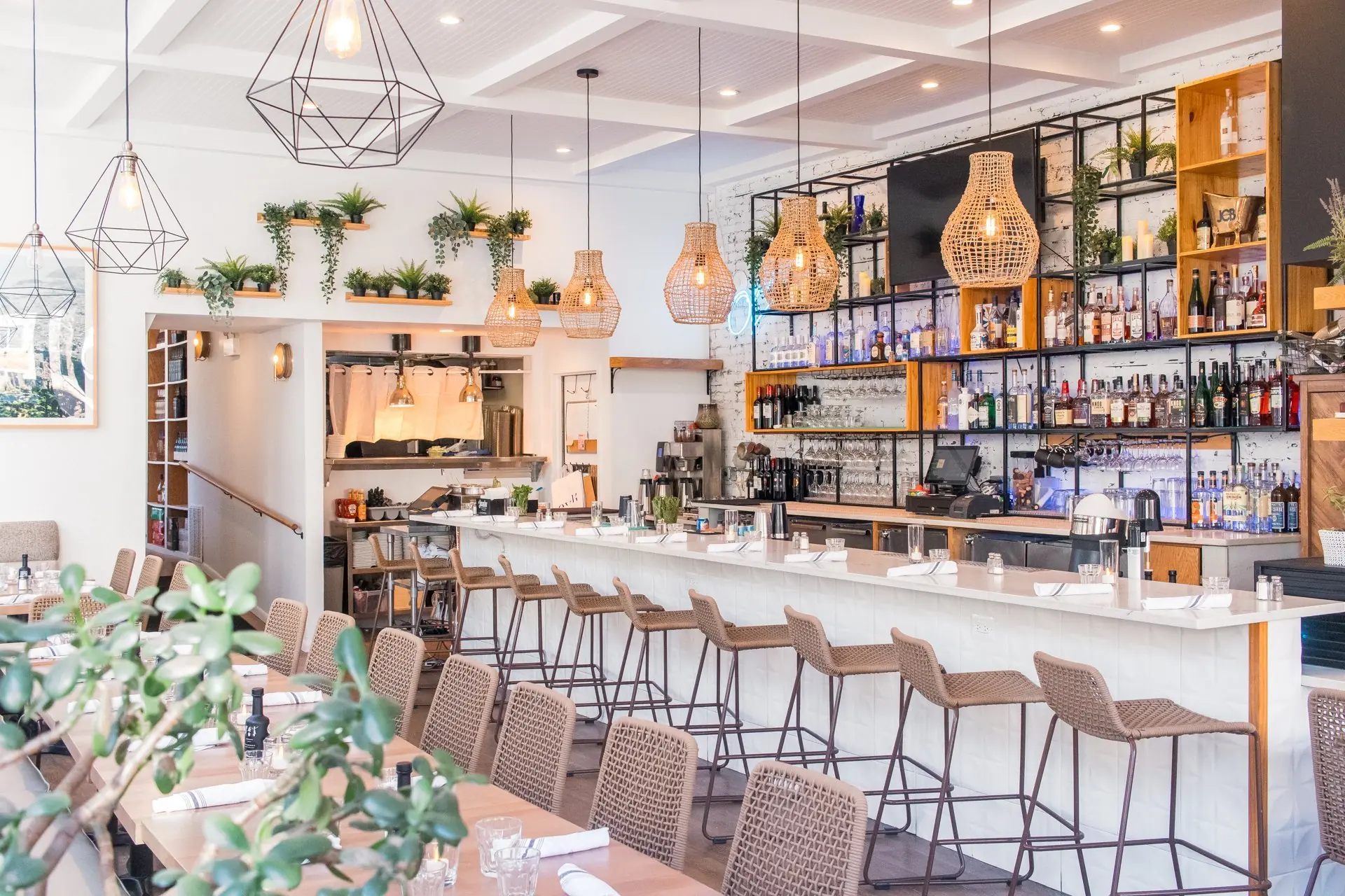 Restaurant dining room and bar, ready for service